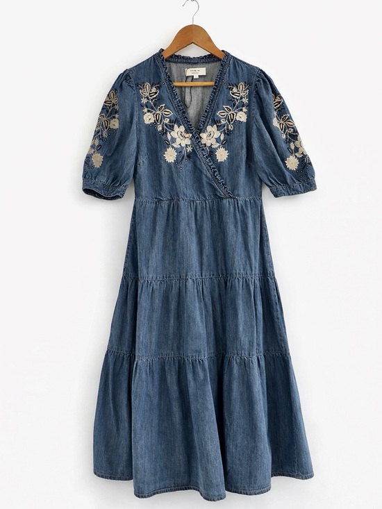 Monsoon Dresses & Skirts - Monsoon Blue Denim Embroidered Tiered Midi Dress Size 8